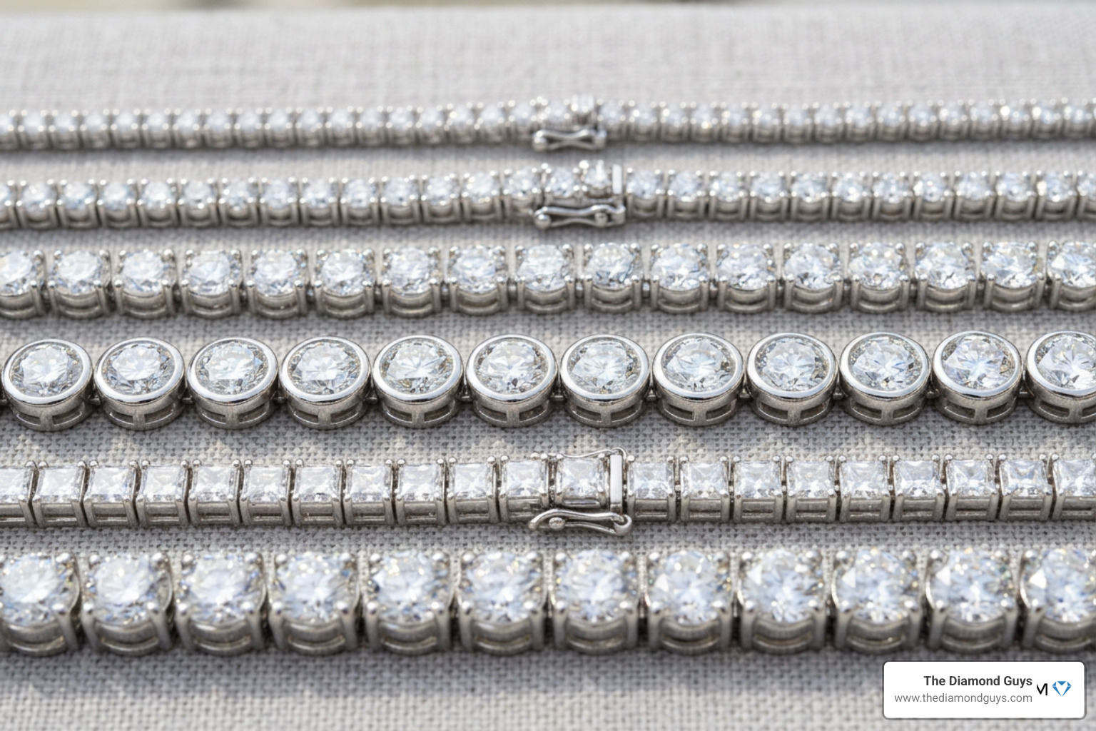 A close-up of different diamond tennis bracelet carat weights side-by-side A close-up of different diamond tennis bracelet carat weights side-by-side