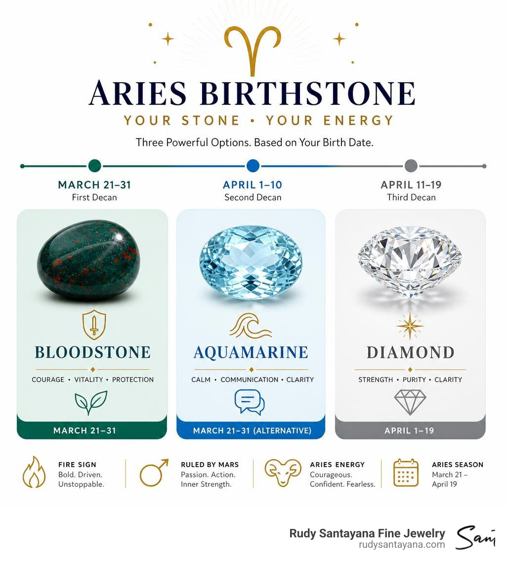 Aries birthstone options chart: Bloodstone, Aquamarine, Diamond with dates and meanings infographic Aries birthstone options chart: Bloodstone, Aquamarine, Diamond with dates and meanings infographic