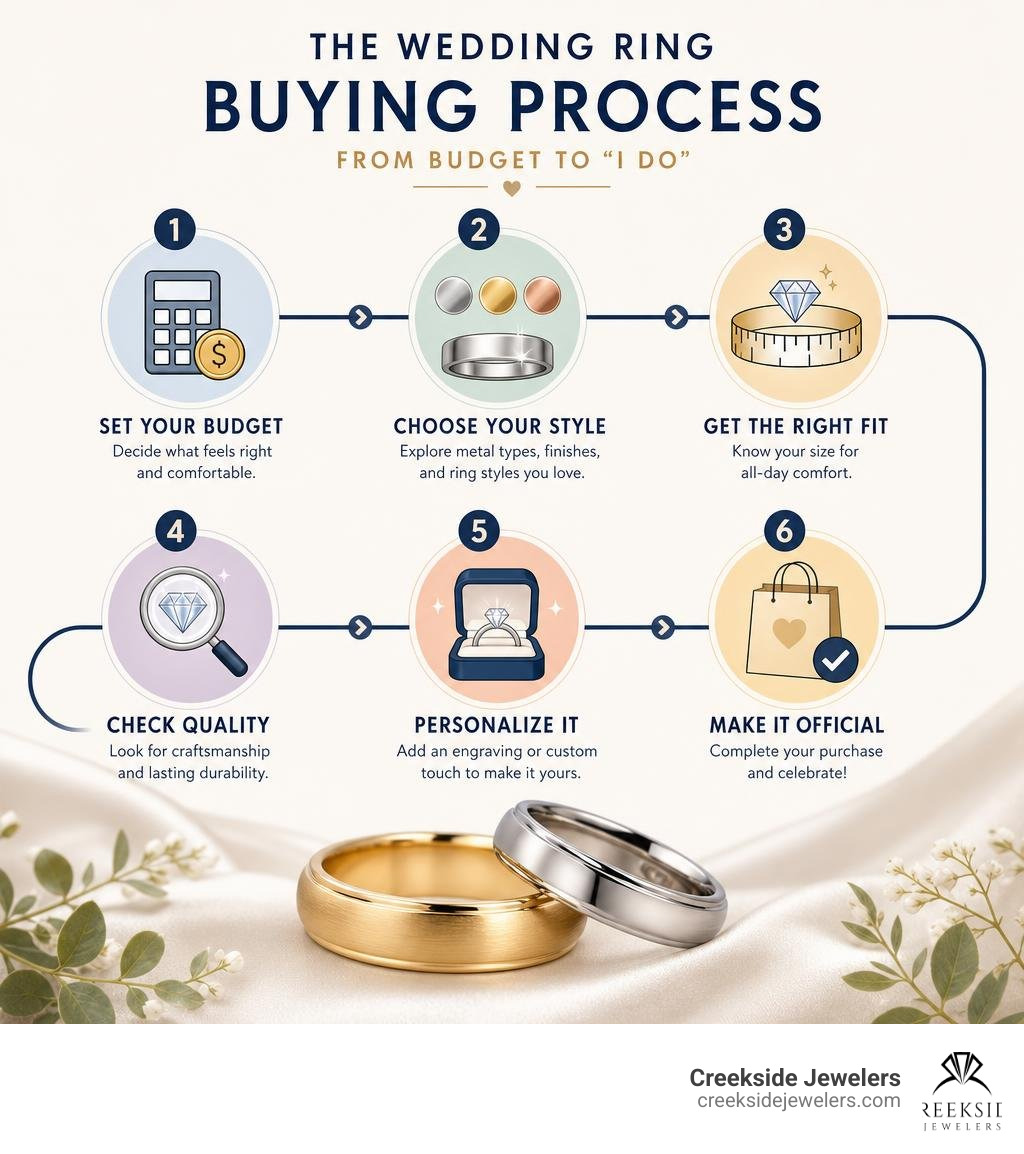 Wedding ring buying process infographic showing key steps from budget to purchase infographic