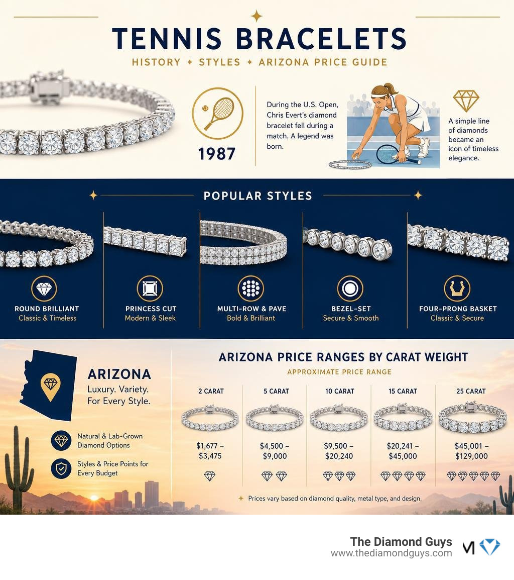 Infographic showing tennis bracelet history, styles, and Arizona price ranges by carat weight infographic Infographic showing tennis bracelet history, styles, and Arizona price ranges by carat weight infographic