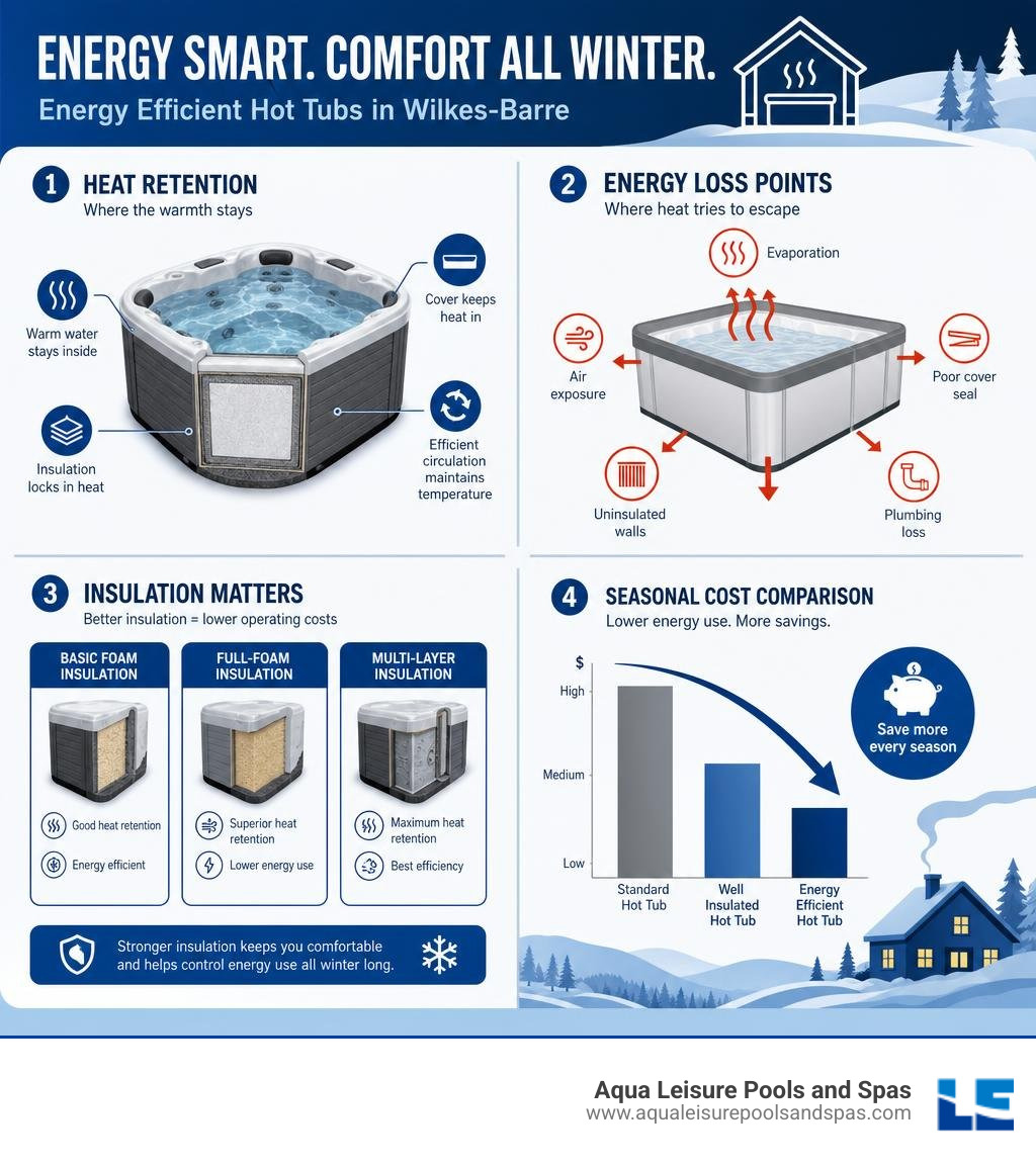 Infographic showing hot tub heat retention, energy loss points, insulation types, and seasonal cost comparison for
