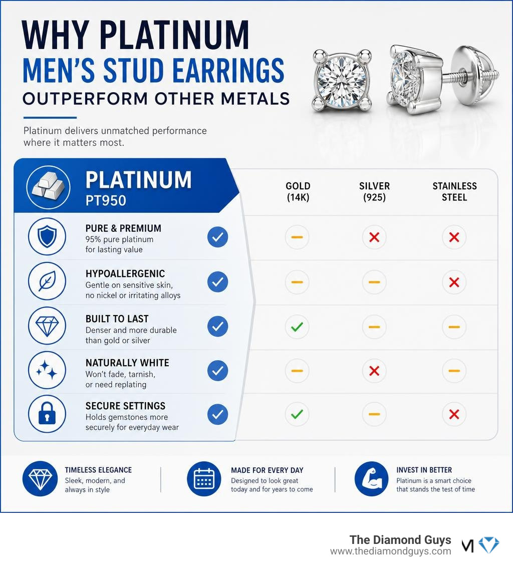 Infographic showing key reasons platinum men's stud earrings outperform other metals infographic