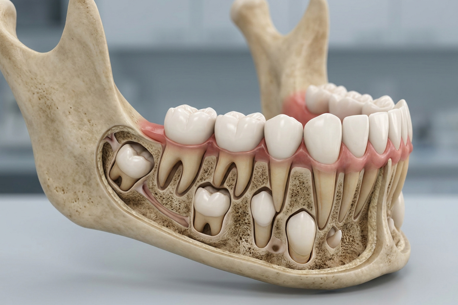 Developing paediatric jawbone showing permanent teeth erupting beneath primary teeth