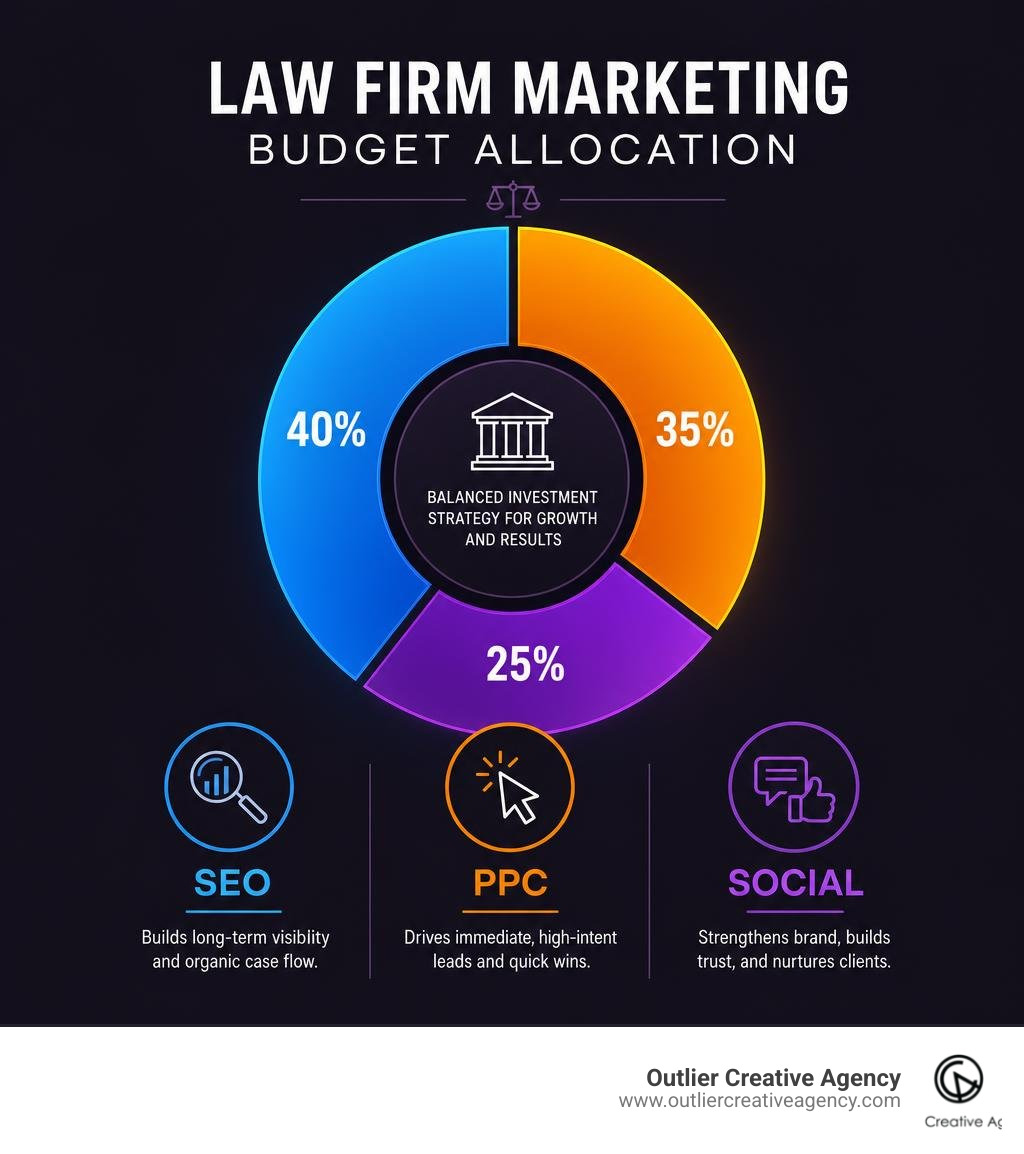 Law firm marketing budget allocation chart across SEO PPC and Social infographic