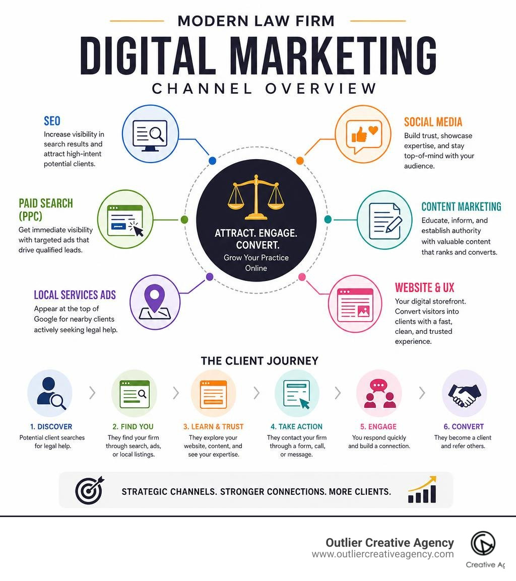 Modern law firm digital marketing channel overview infographic infographic