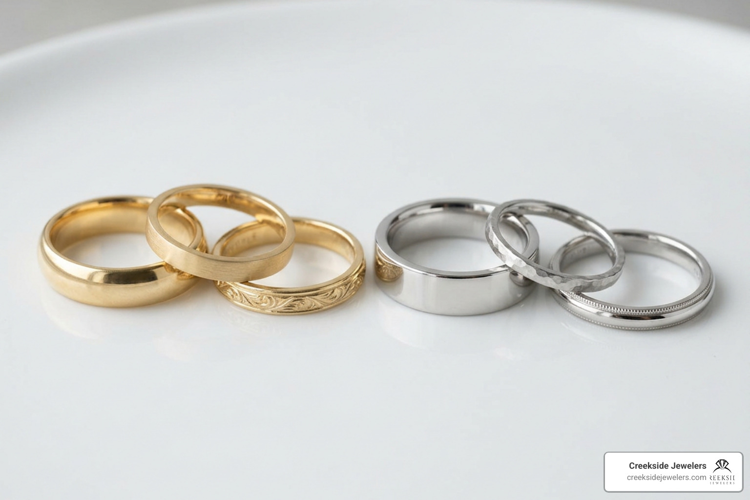 Various gold and platinum wedding bands showcasing different finishes and metal weights