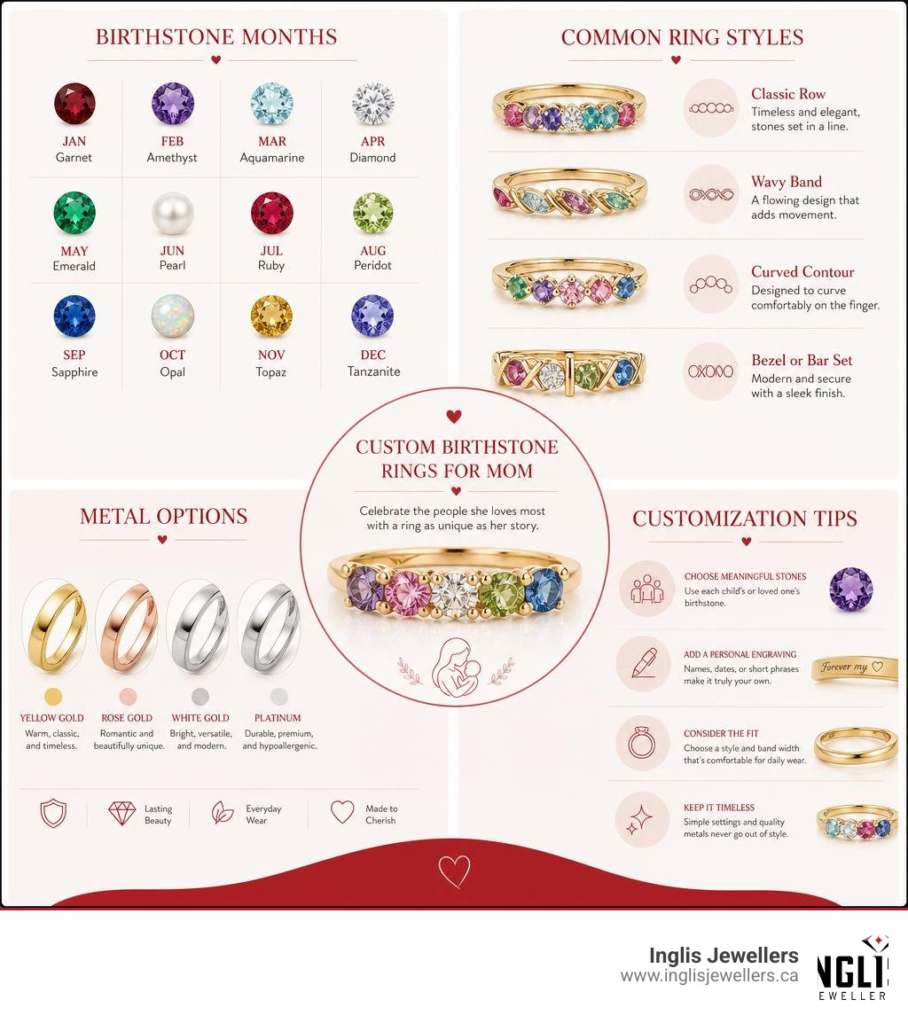 Infographic showing birthstone months, common ring styles, metal options, and customization tips for mother's rings Infographic showing birthstone months, common ring styles, metal options, and customization tips for mother's rings