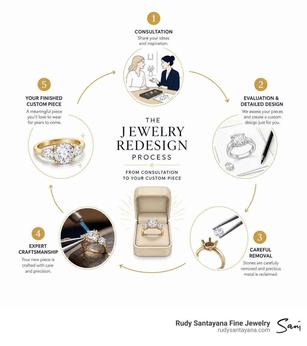 Jewelry redesign process steps from consultation to finished custom piece infographic Jewelry redesign process steps from consultation to finished custom piece infographic