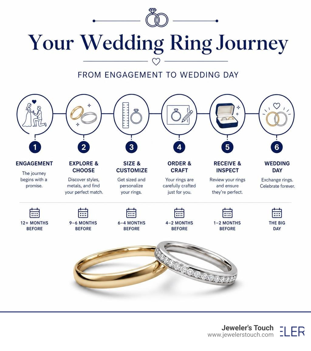 Timeline infographic for buying wedding rings from engagement to wedding day infographic