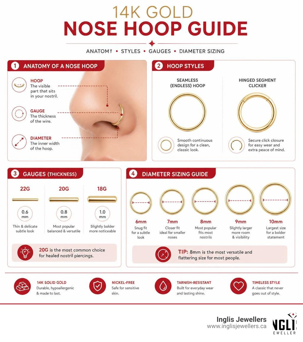 Infographic showing nose hoop anatomy, styles, gauges, and diameter sizing guide for 14k gold nose ring hoops infographic