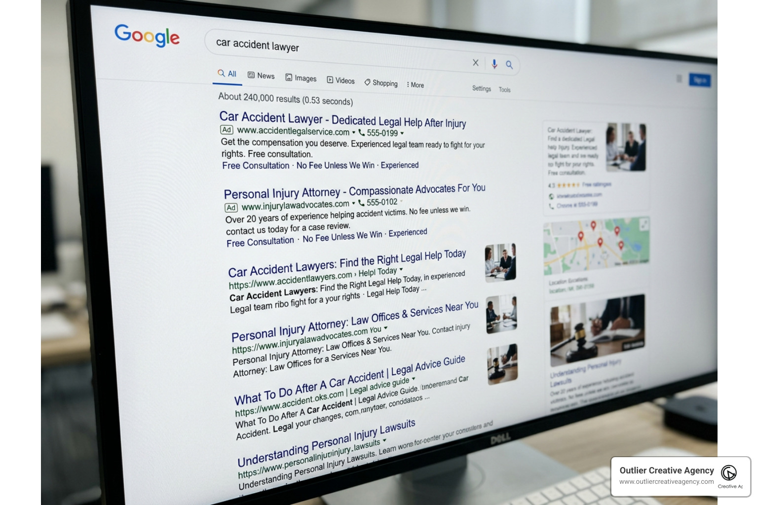 High-intent Google Ads search results mockup for law firms