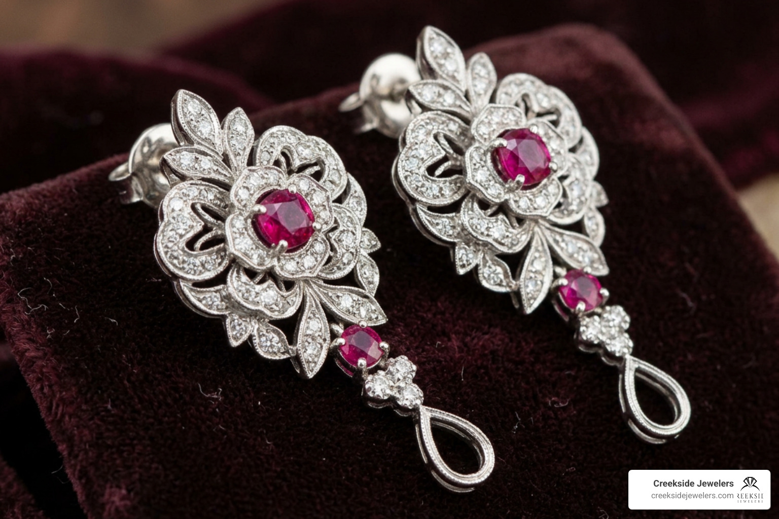historic floral estate earrings in white gold with diamonds and rubies historic floral estate earrings in white gold with diamonds and rubies