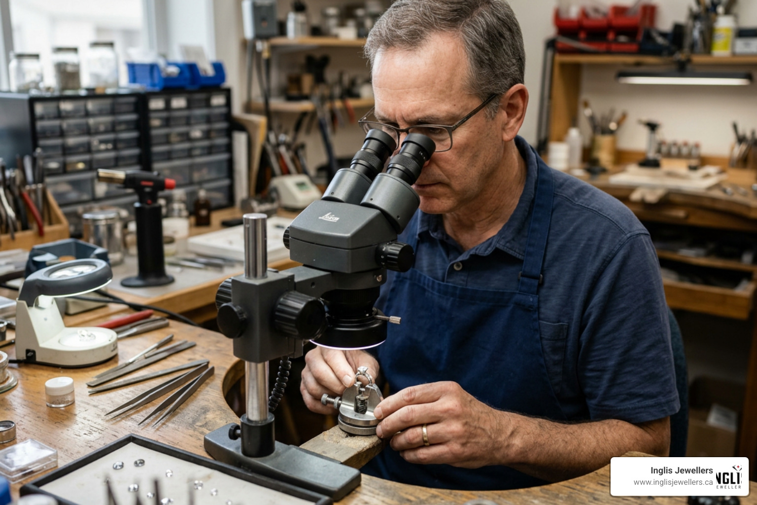 A jeweler carefully inspecting a diamond ring under a microscope A jeweler carefully inspecting a diamond ring under a microscope