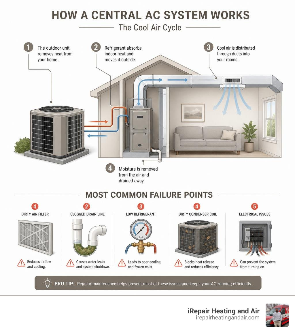 How a central AC system works and the most common failure points infographic
