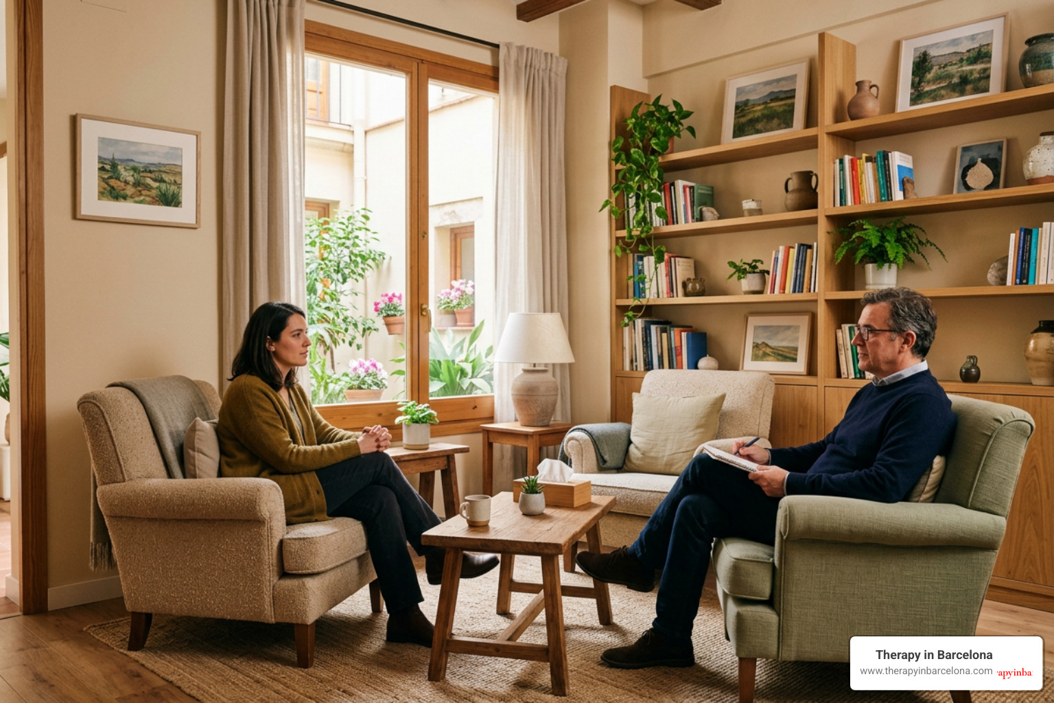 A warm, quiet therapy office in Spain designed for emotional safety and open conversation A warm, quiet therapy office in Spain designed for emotional safety and open conversation