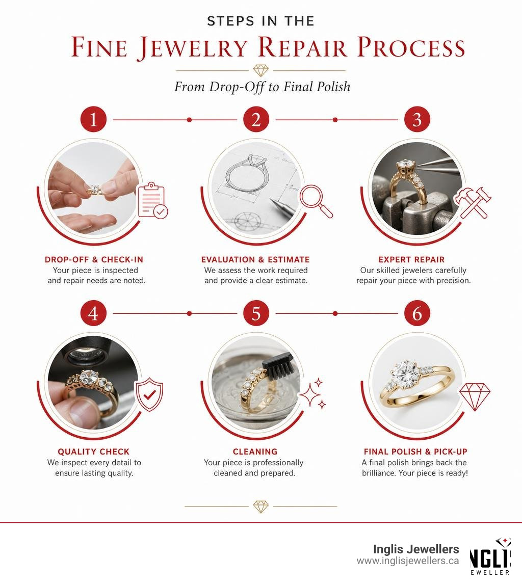 Steps in the fine jewelry repair process from drop-off to final polish infographic Steps in the fine jewelry repair process from drop-off to final polish infographic