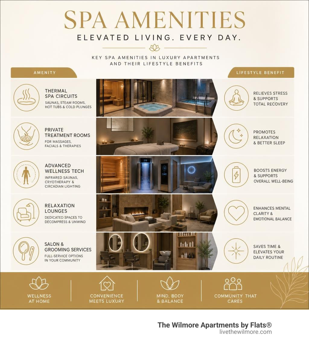 Infographic showing key spa amenities in luxury apartment communities and their lifestyle benefits infographic
