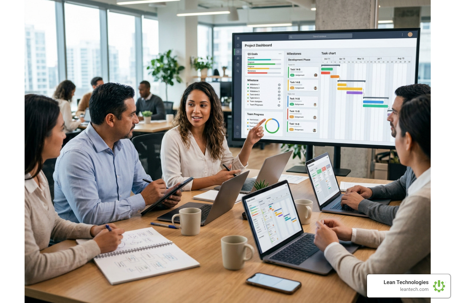 shopfloor team collaborating on a digital project management board