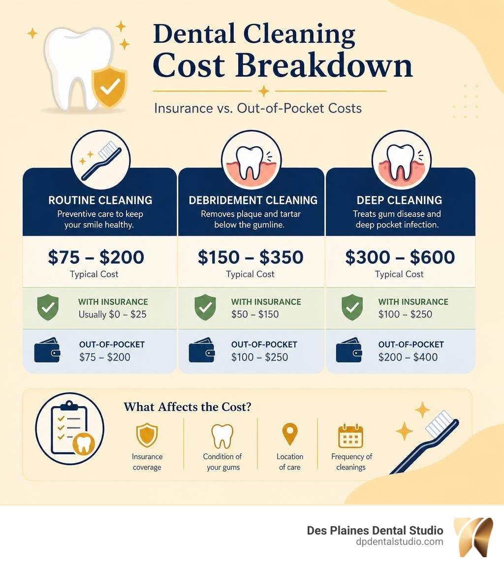 Dental cleaning cost breakdown infographic showing routine, debridement, and deep cleaning price ranges with insurance vs. Dental cleaning cost breakdown infographic showing routine, debridement, and deep cleaning price ranges with insurance vs.