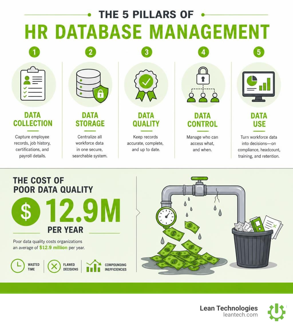 Infographic showing the 5 pillars of HR database management and the $12.9M cost of poor data quality infographic