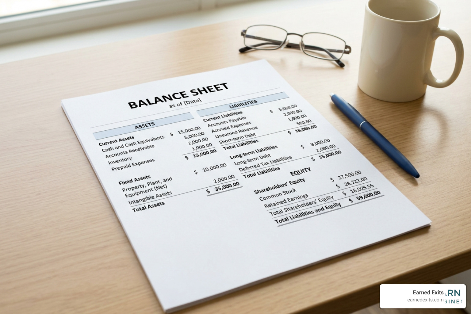 Balance sheet showing business assets and liabilities for FAFSA calculation