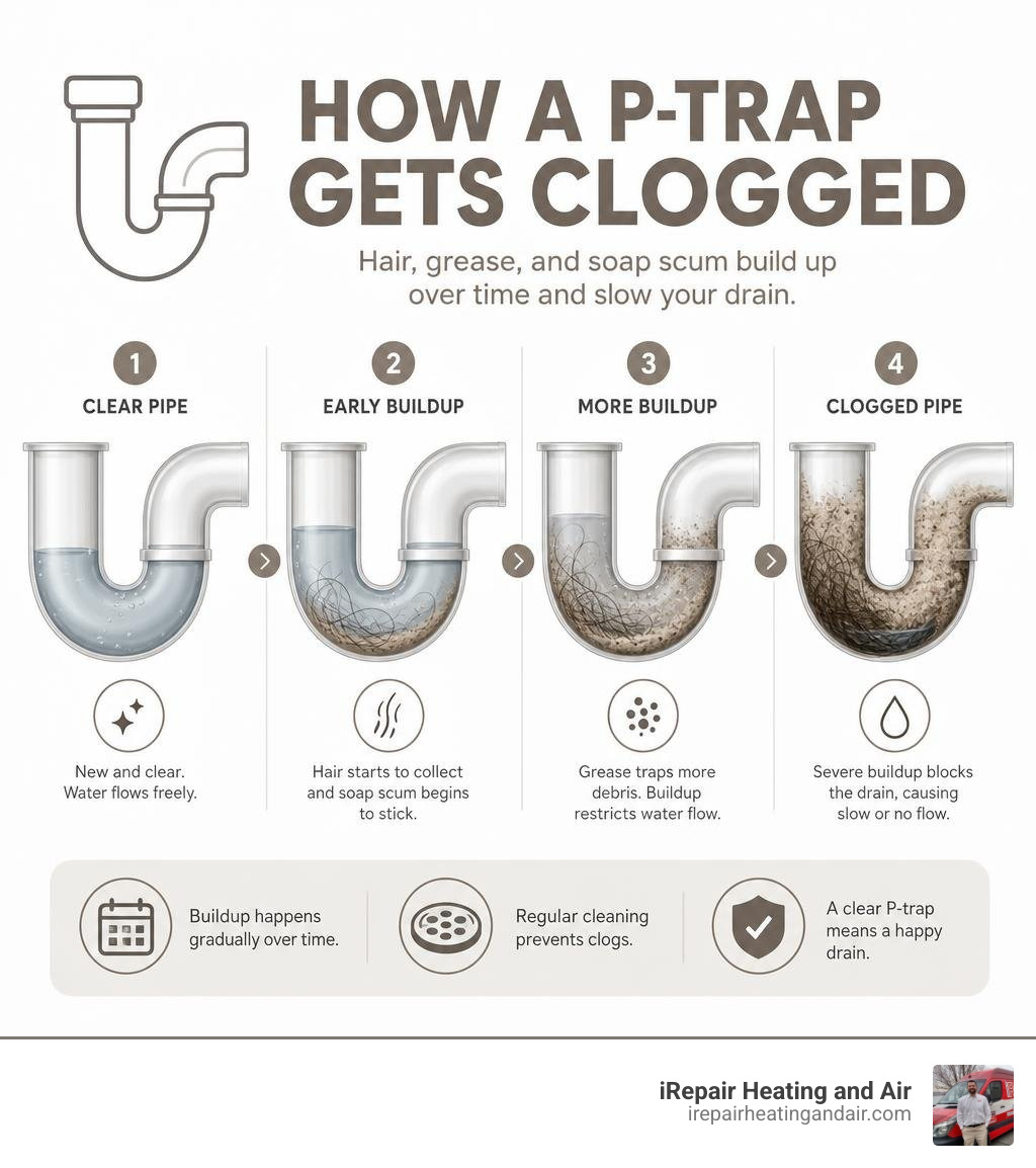 Infographic showing how a P-trap gets clogged with hair, grease, and soap scum over time infographic Infographic showing how a P-trap gets clogged with hair, grease, and soap scum over time infographic
