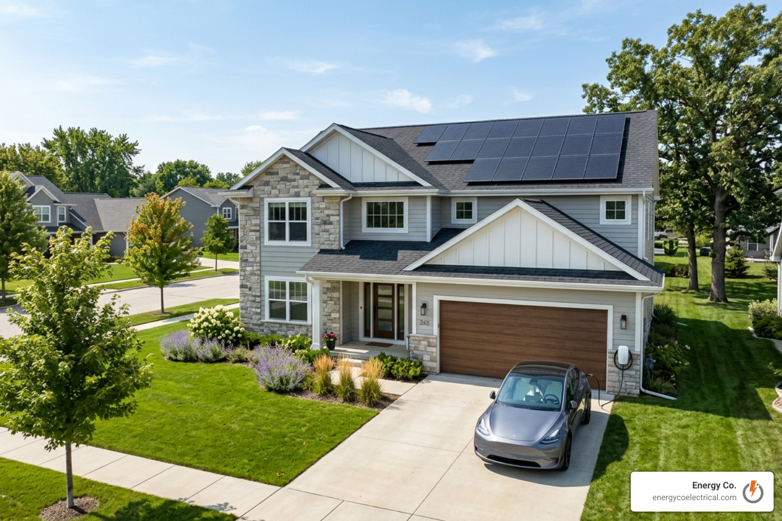 energy efficient home with solar panels and ev charger icon representing modern electric standards
