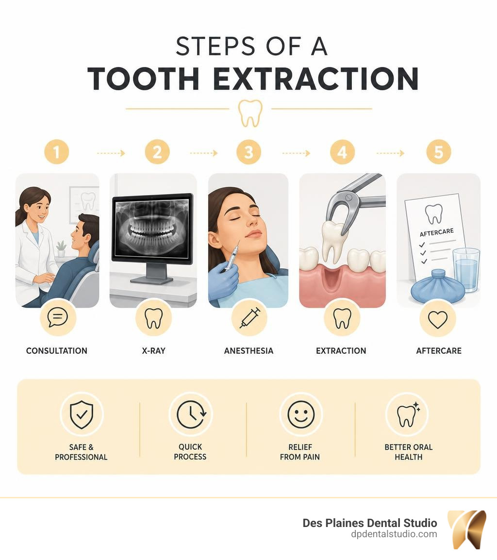 Steps of a tooth extraction process infographic showing consultation, x-ray, anesthesia, extraction, aftercare infographic Steps of a tooth extraction process infographic showing consultation, x-ray, anesthesia, extraction, aftercare infographic