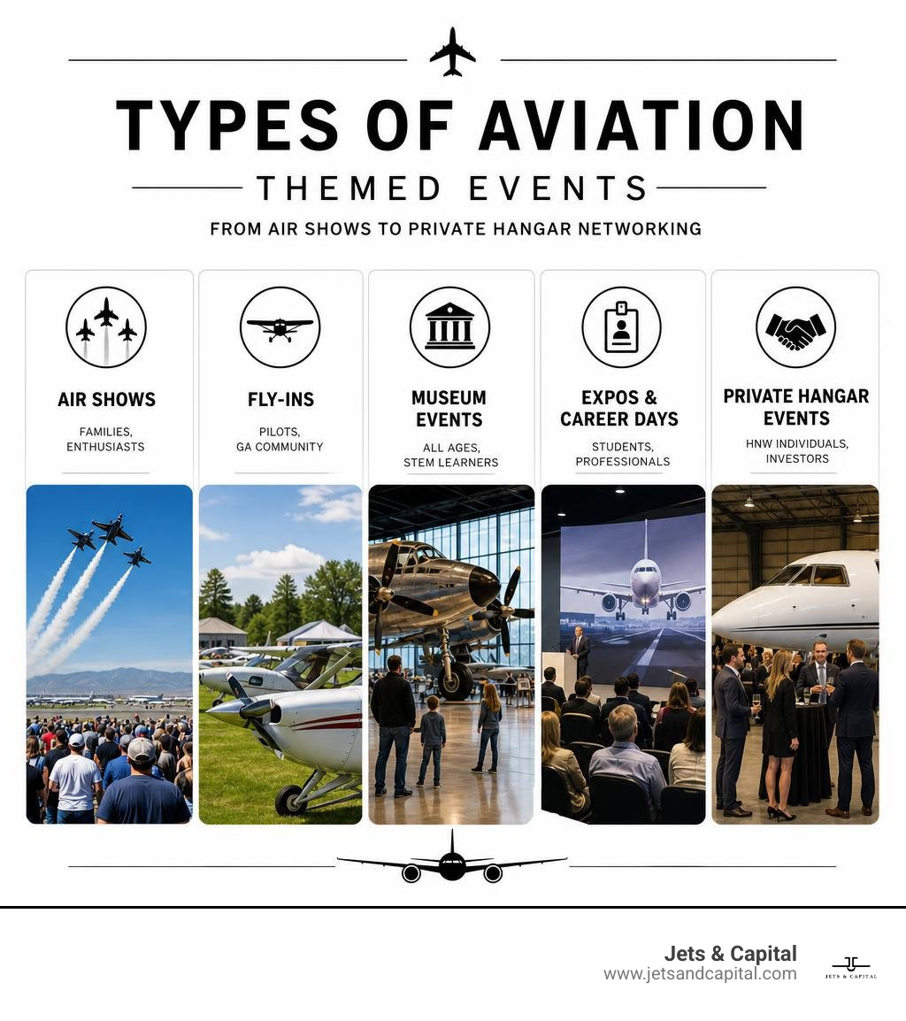 Types of aviation themed events from air shows to private hangar networking infographic Types of aviation themed events from air shows to private hangar networking infographic