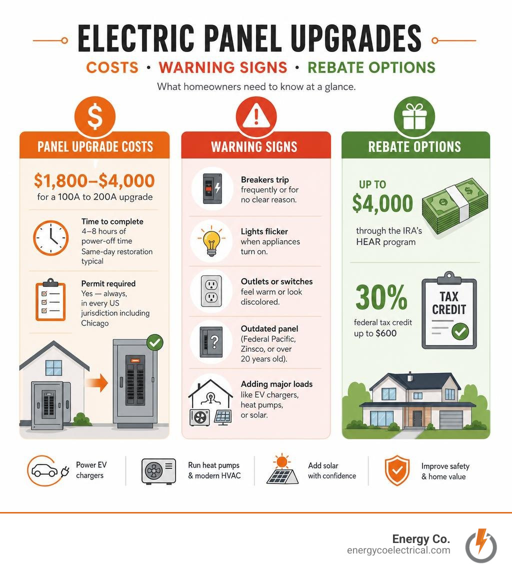 infographic showing panel upgrade costs, warning signs, and rebate options for homeowners infographic