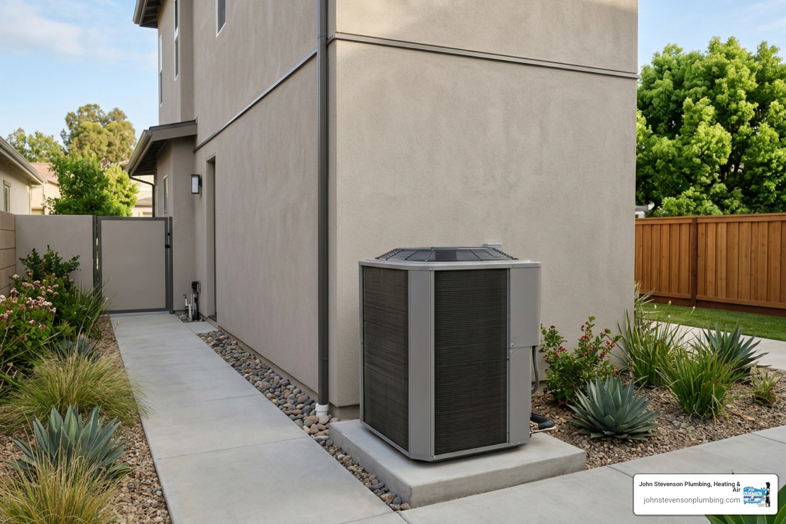 A high-efficiency variable-speed outdoor compressor unit installed beside a modern home A high-efficiency variable-speed outdoor compressor unit installed beside a modern home