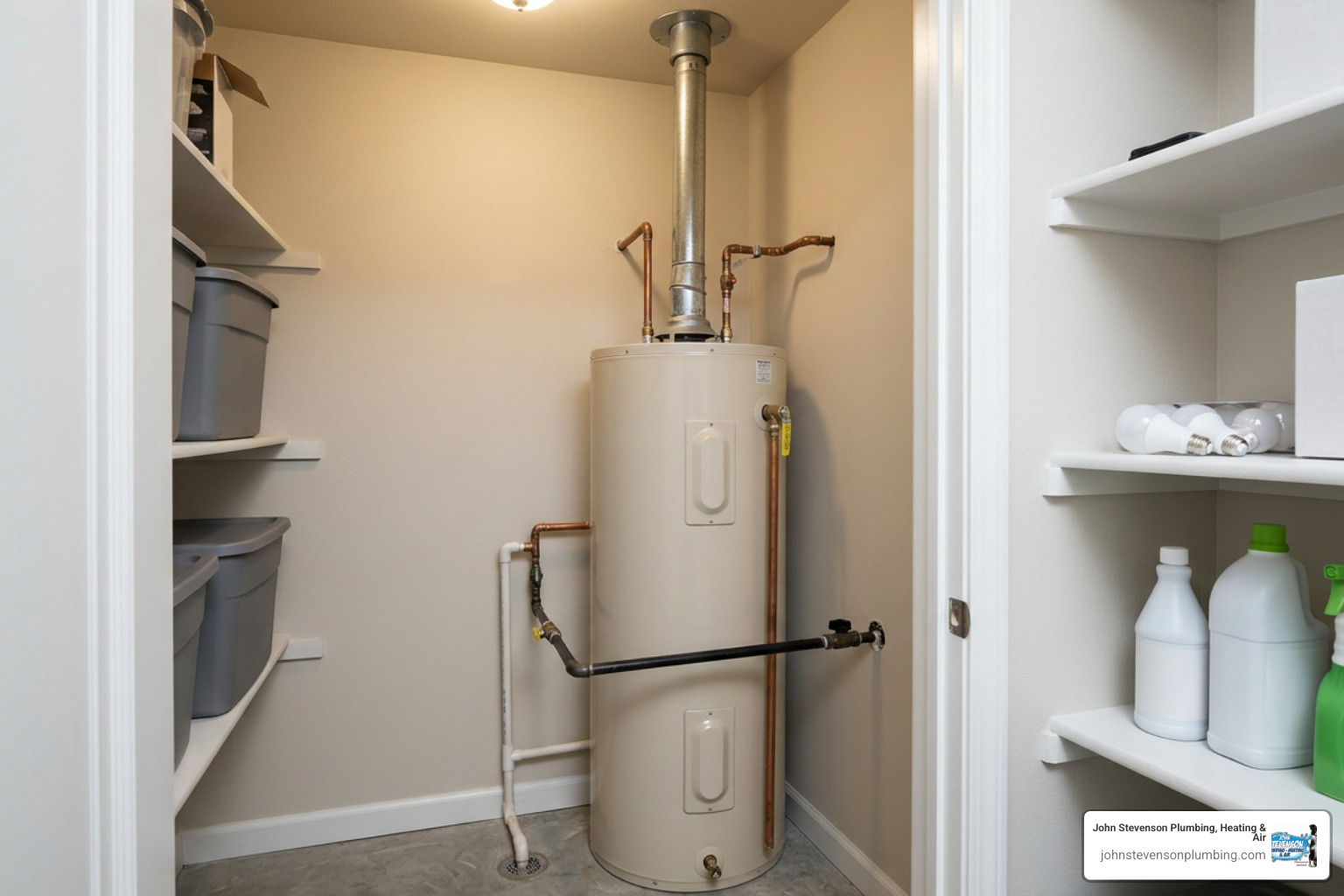 Standard storage tank water heater in a home utility closet Standard storage tank water heater in a home utility closet