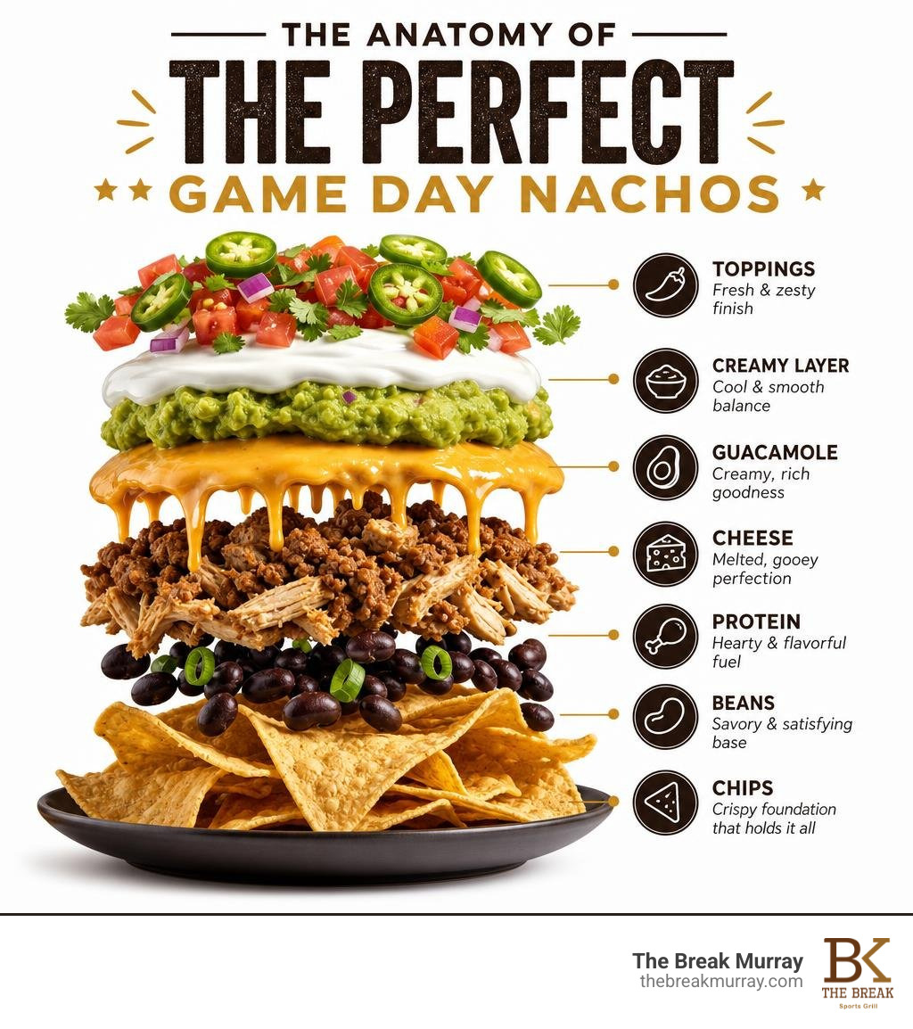 Anatomy of the perfect game day nacho layer with toppings, cheese, chips, and proteins labeled infographic