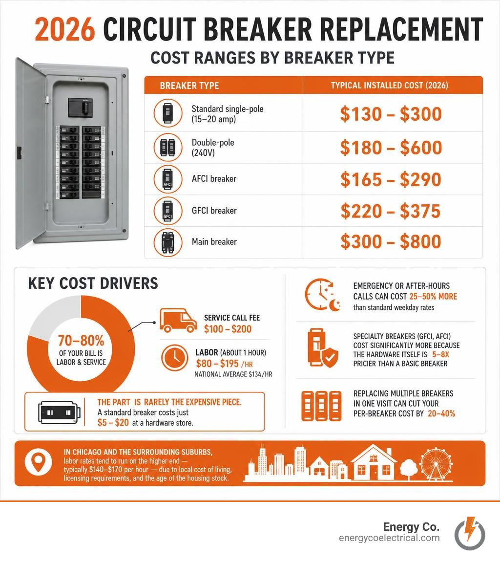 Infographic showing 2026 circuit breaker replacement cost ranges by breaker type and key cost drivers infographic Infographic showing 2026 circuit breaker replacement cost ranges by breaker type and key cost drivers infographic