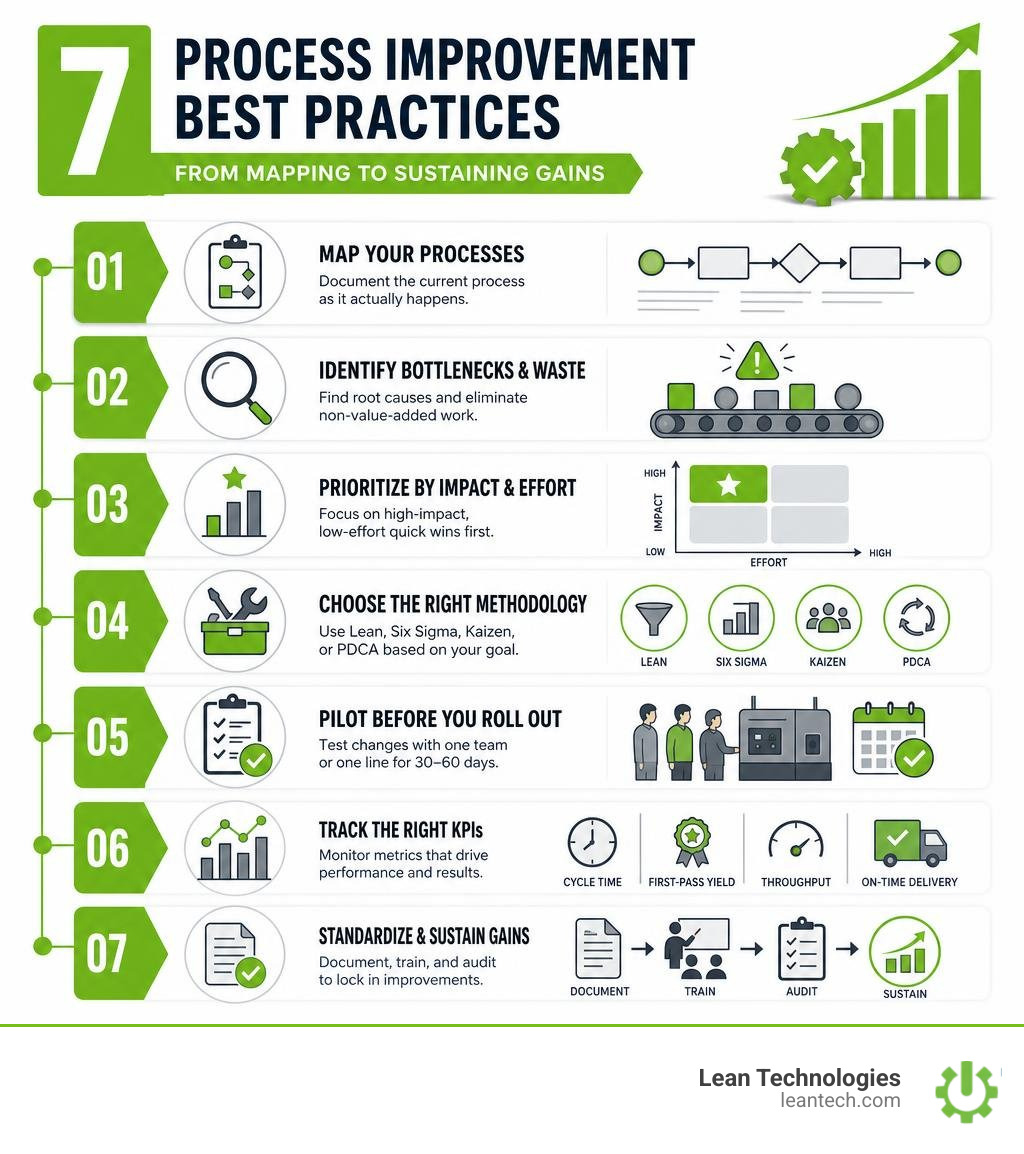 Infographic showing 7 process improvement best practices steps from mapping to sustaining gains infographic Infographic showing 7 process improvement best practices steps from mapping to sustaining gains infographic