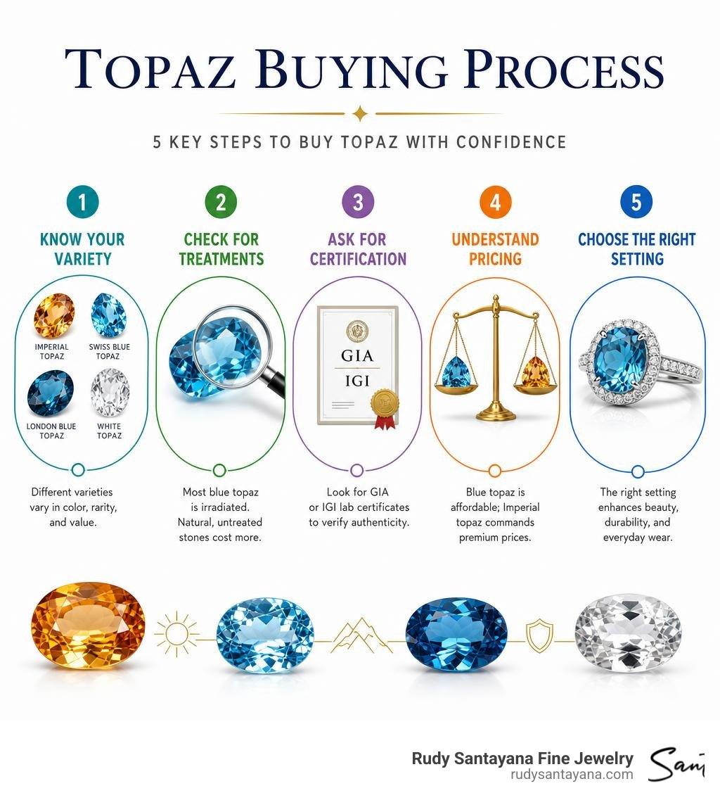 Topaz buying process infographic: varieties, treatments, certification, pricing, and settings infographic Topaz buying process infographic: varieties, treatments, certification, pricing, and settings infographic