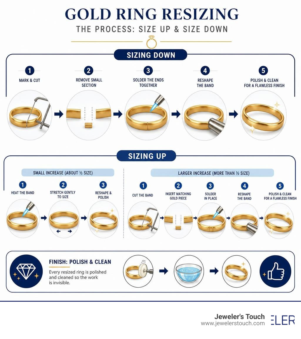 Infographic showing gold ring resizing process steps sizing up and sizing down infographic Infographic showing gold ring resizing process steps sizing up and sizing down infographic