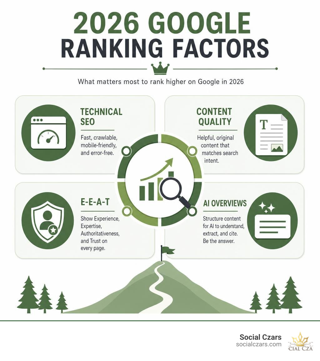 2026 Google ranking factors infographic showing technical SEO, content quality, E-E-A-T, and AI Overviews infographic