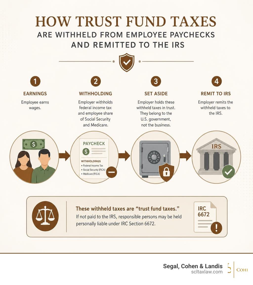 How trust fund taxes are withheld from employee paychecks and remitted to the IRS infographic