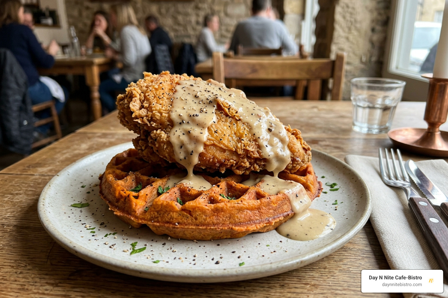 A close-up of a perfectly fried chicken breast on top of a sweet potato waffle with pepper gravy A close-up of a perfectly fried chicken breast on top of a sweet potato waffle with pepper gravy