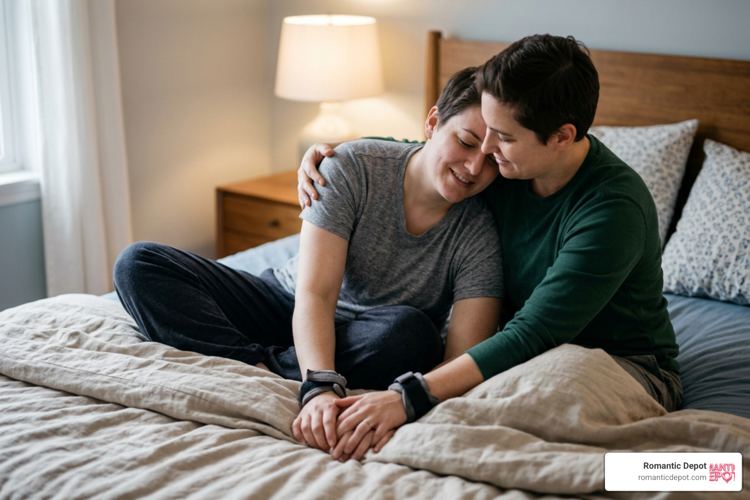 Couple sharing a close, intimate moment with soft wrist restraints visible on the bed Couple sharing a close, intimate moment with soft wrist restraints visible on the bed