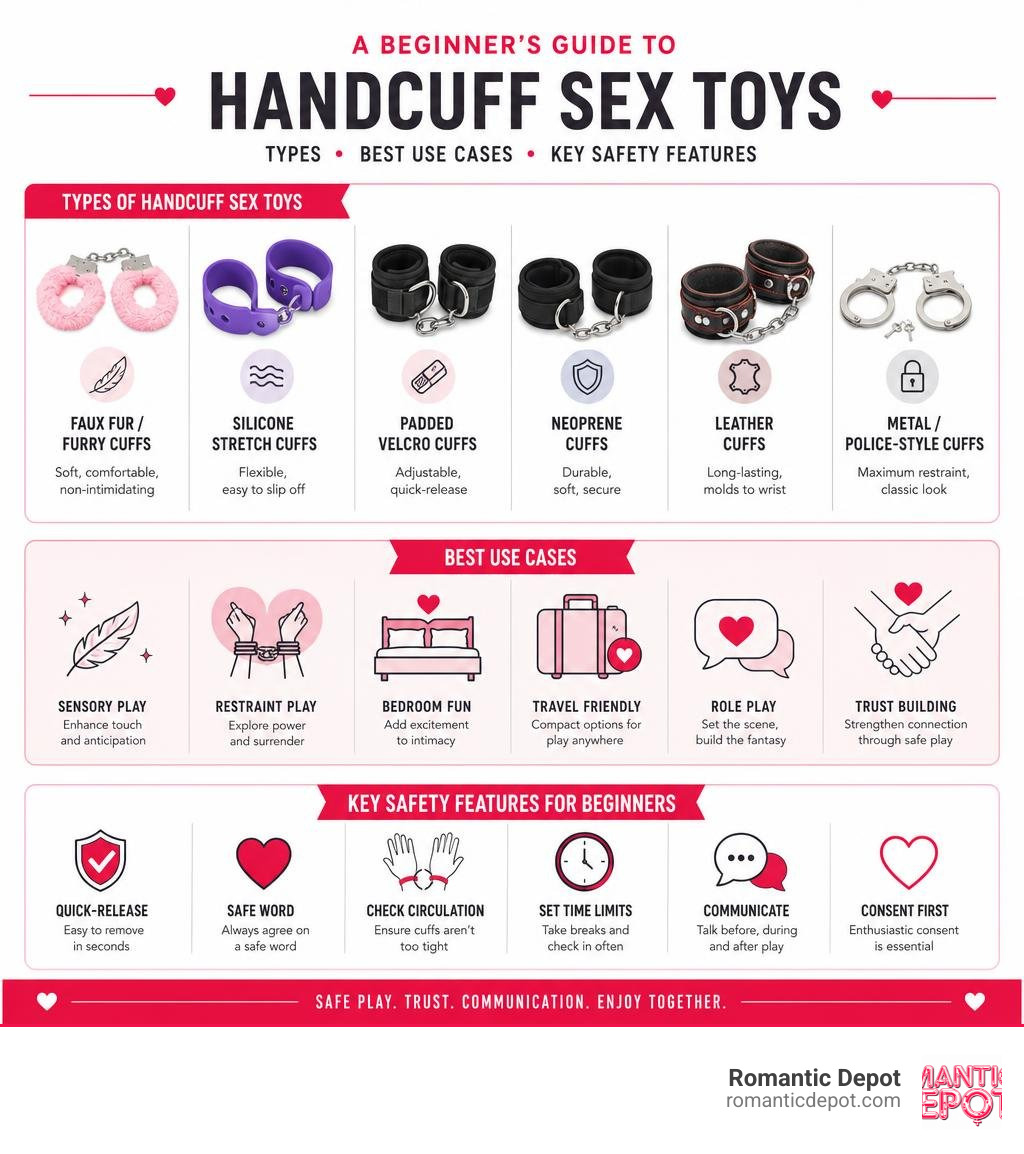 Infographic showing types of handcuff sex toys, best use cases, and key safety features for beginners infographic Infographic showing types of handcuff sex toys, best use cases, and key safety features for beginners infographic