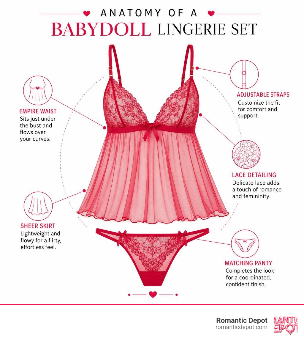 Infographic: anatomy of a babydoll lingerie set — empire waist, sheer skirt, lace detailing, adjustable straps, matching Infographic: anatomy of a babydoll lingerie set — empire waist, sheer skirt, lace detailing, adjustable straps, matching