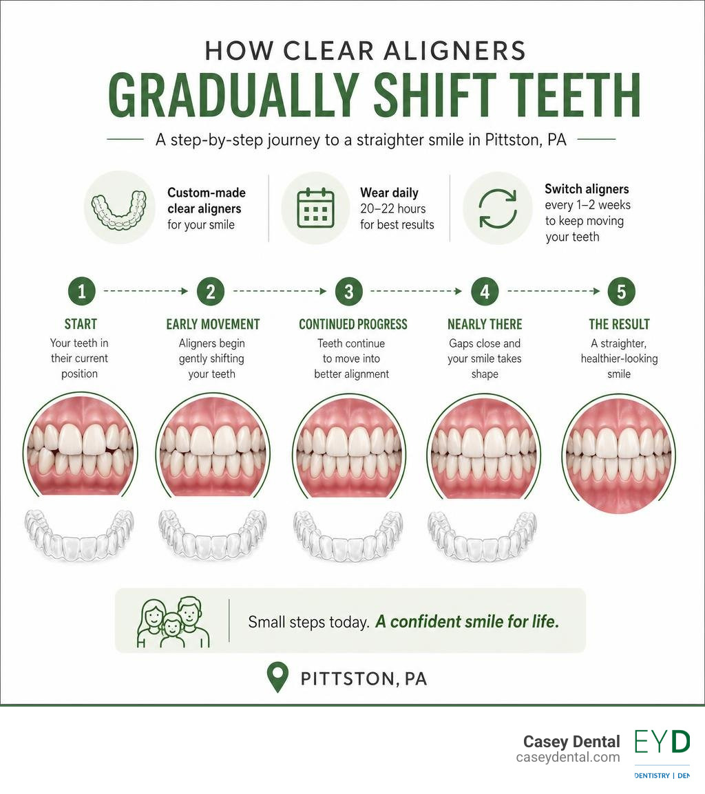 Infographic showing how clear aligners gradually shift teeth over time in Pittston PA infographic Infographic showing how clear aligners gradually shift teeth over time in Pittston PA infographic