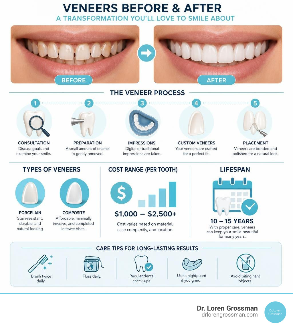 Infographic showing veneer before and after process steps, types, cost ranges, and lifespan infographic