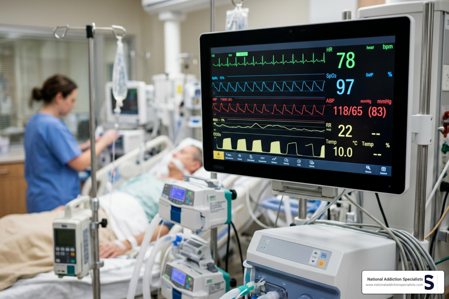 Medical monitoring screen in an intensive care unit tracking critical vital signs Medical monitoring screen in an intensive care unit tracking critical vital signs