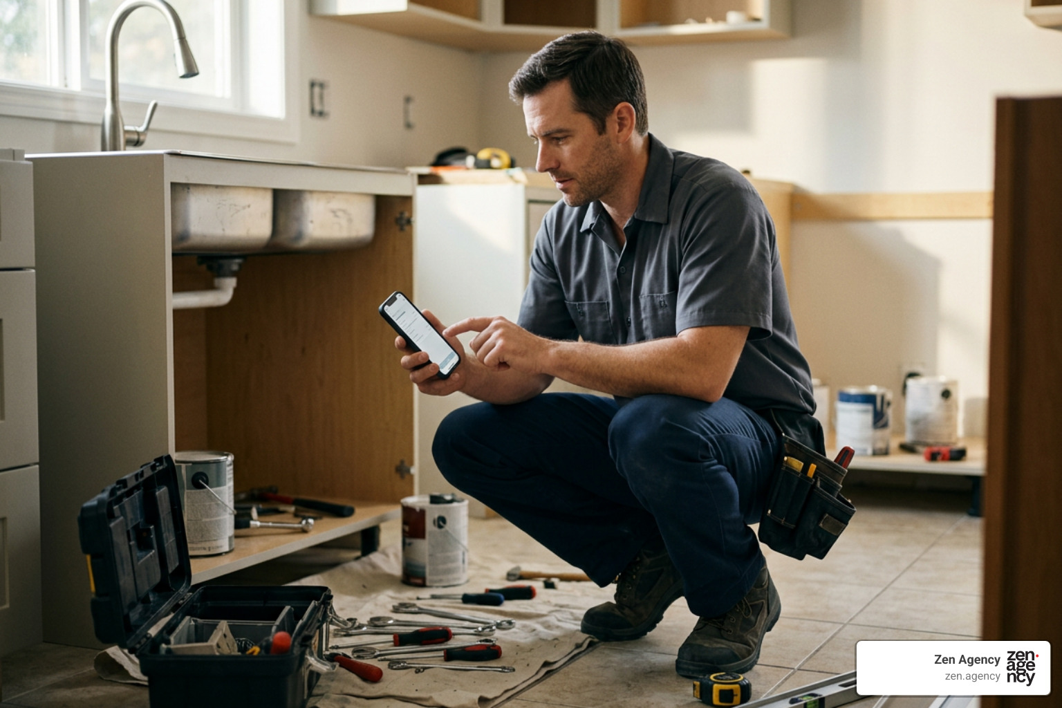 Handyman responding to a lead on a smartphone within five minutes Handyman responding to a lead on a smartphone within five minutes