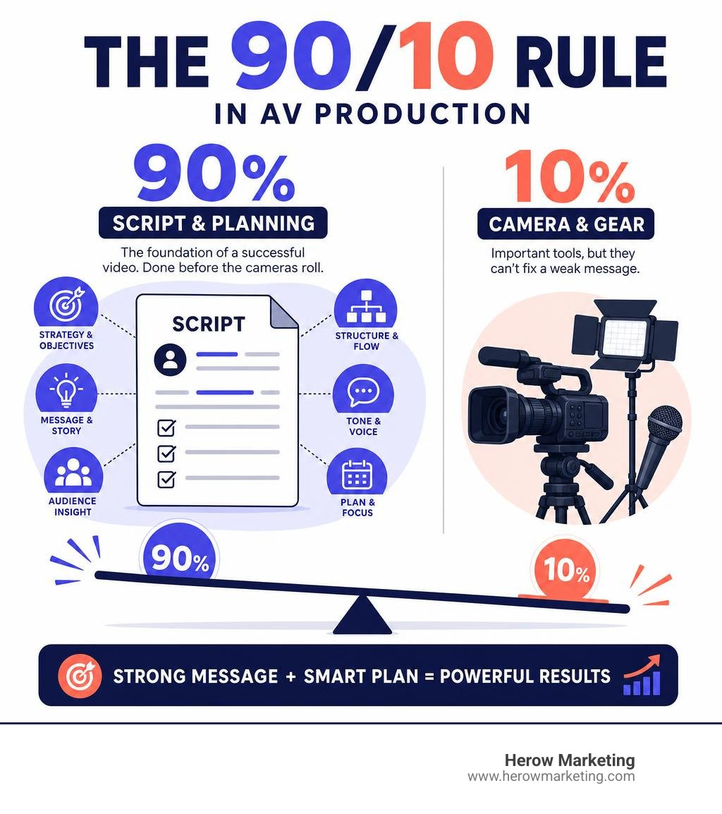 Infographic showing the 90/10 rule: script and planning vs. camera and gear in AV production infographic Infographic showing the 90/10 rule: script and planning vs. camera and gear in AV production infographic