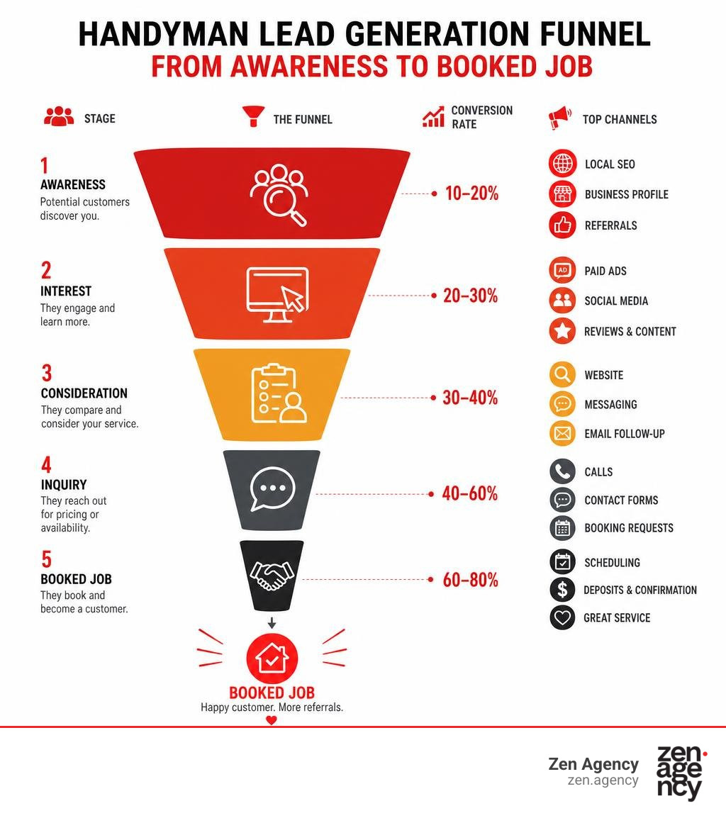 Handyman lead generation funnel from awareness to booked job with channels and conversion rates infographic Handyman lead generation funnel from awareness to booked job with channels and conversion rates infographic