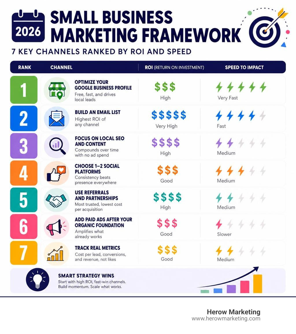 2026 small business marketing framework with 7 key channels ranked by ROI and speed infographic